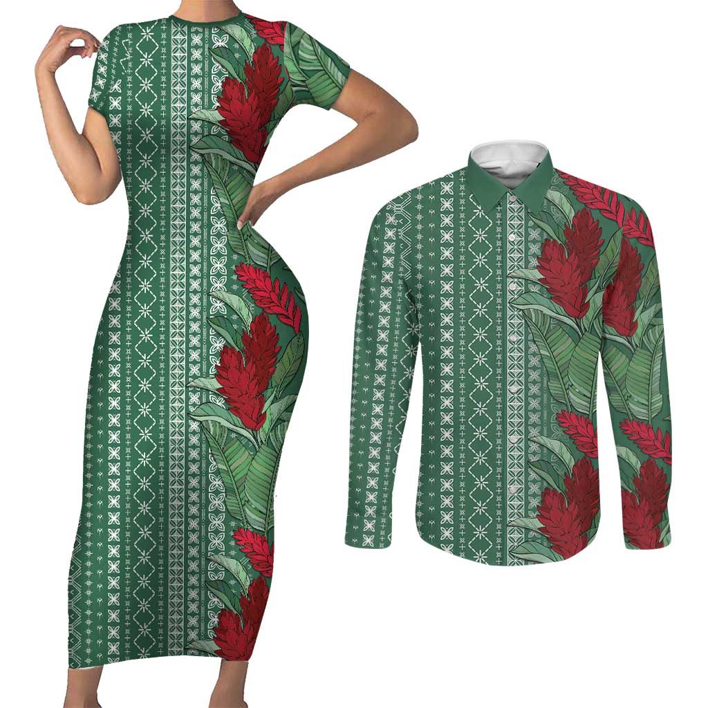 Women's Day Samoa Malu Tattoo Inspired Mix Teuila Couples Matching Short Sleeve Bodycon Dress and Long Sleeve Button Shirt Sage Green LT7 Sage Green - Polynesian Pride