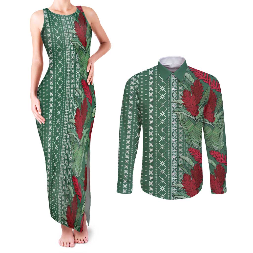 Women's Day Samoa Malu Tattoo Inspired Mix Teuila Couples Matching Tank Maxi Dress and Long Sleeve Button Shirt Sage Green LT7 Sage Green - Polynesian Pride
