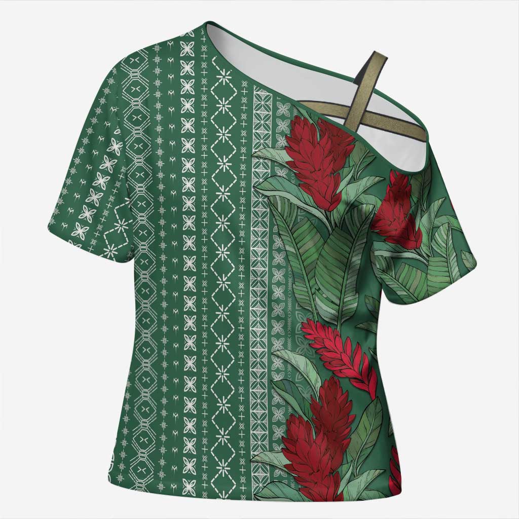 Women's Day Samoa Malu Tattoo Inspired Mix Teuila Cross Shoulder Shirt Sage Green LT7 Female Sage Green - Polynesian Pride