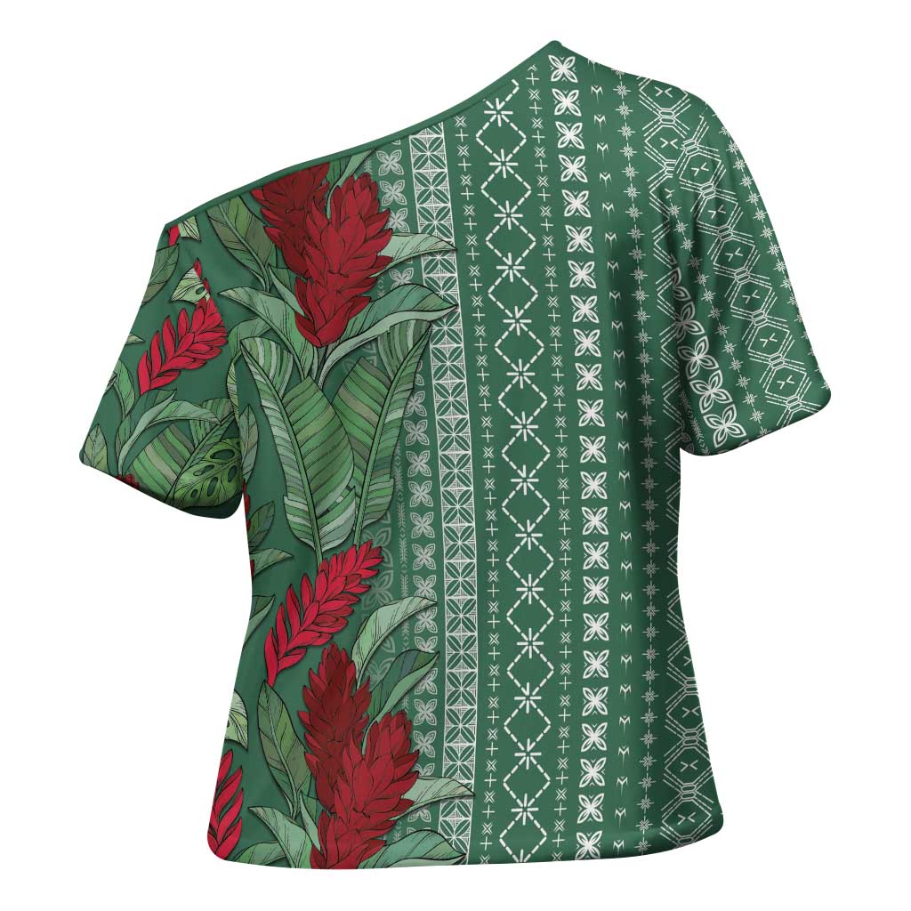 Women's Day Samoa Malu Tattoo Inspired Mix Teuila Cross Shoulder Shirt Sage Green LT7 - Polynesian Pride