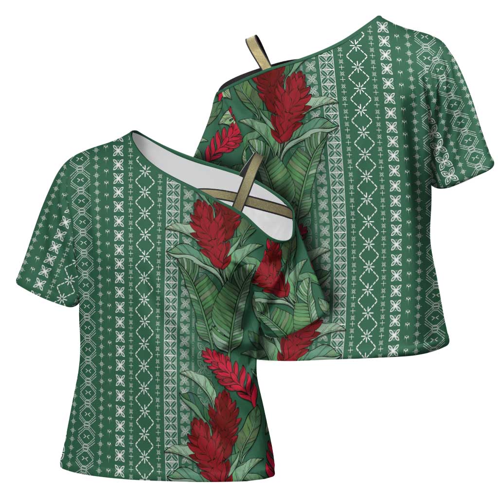 Women's Day Samoa Malu Tattoo Inspired Mix Teuila Cross Shoulder Shirt Sage Green LT7 - Polynesian Pride