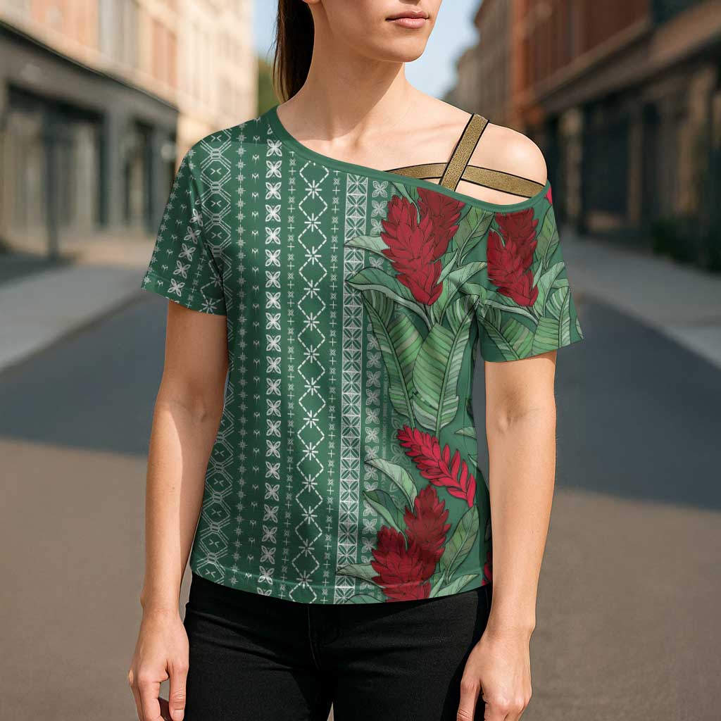 Women's Day Samoa Malu Tattoo Inspired Mix Teuila Cross Shoulder Shirt Sage Green LT7 - Polynesian Pride