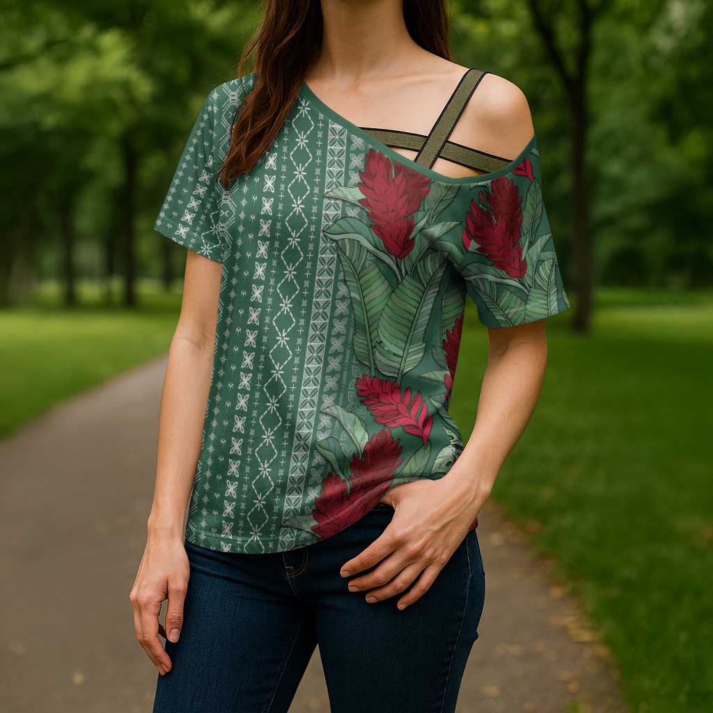 Women's Day Samoa Malu Tattoo Inspired Mix Teuila Cross Shoulder Shirt Sage Green LT7 - Polynesian Pride