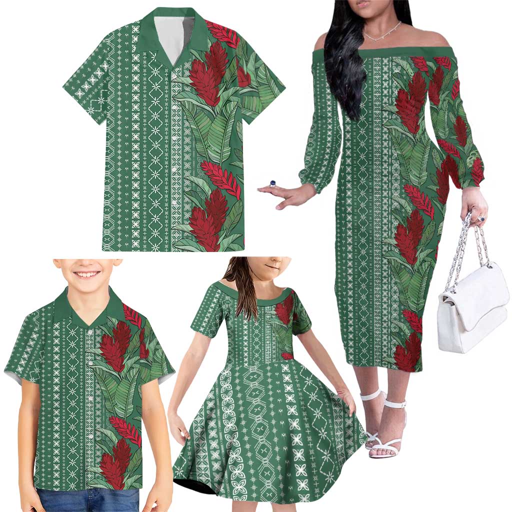Women's Day Samoa Malu Tattoo Inspired Mix Teuila Family Matching Off The Shoulder Long Sleeve Dress and Hawaiian Shirt Sage Green LT7 - Polynesian Pride