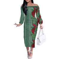 Women's Day Samoa Malu Tattoo Inspired Mix Teuila Family Matching Off The Shoulder Long Sleeve Dress and Hawaiian Shirt Sage Green