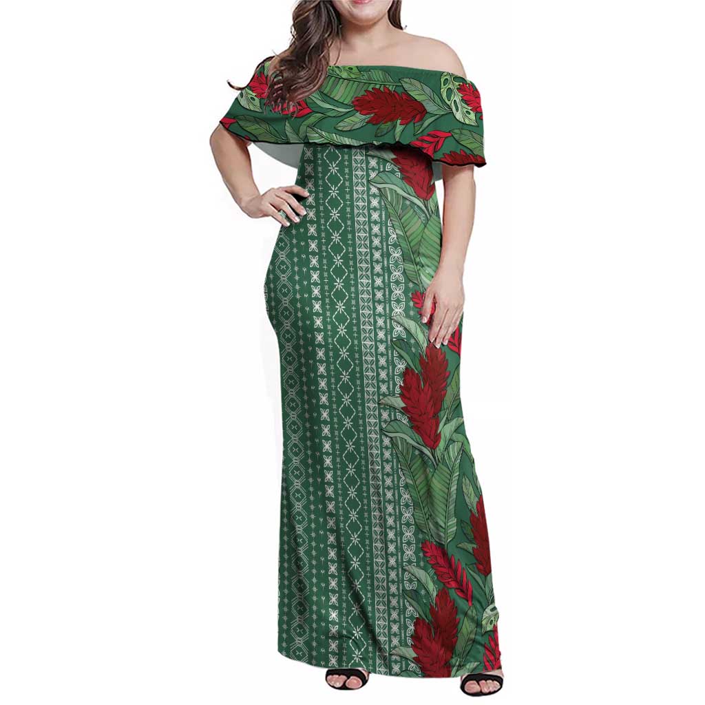 Women's Day Samoa Malu Tattoo Inspired Mix Teuila Family Matching Off Shoulder Maxi Dress and Hawaiian Shirt Sage Green