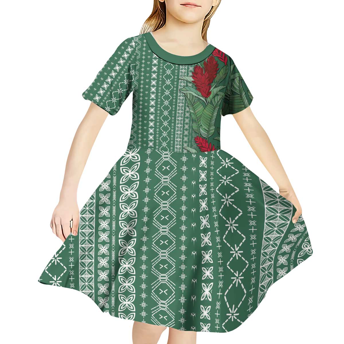Women's Day Samoa Malu Tattoo Inspired Mix Teuila Kid Short Sleeve Dress Sage Green LT7 - Polynesian Pride