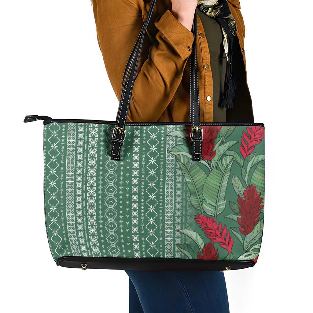 Women's Day Samoa Malu Tattoo Inspired Mix Teuila Leather Tote Bag Sage Green LT7 - Polynesian Pride