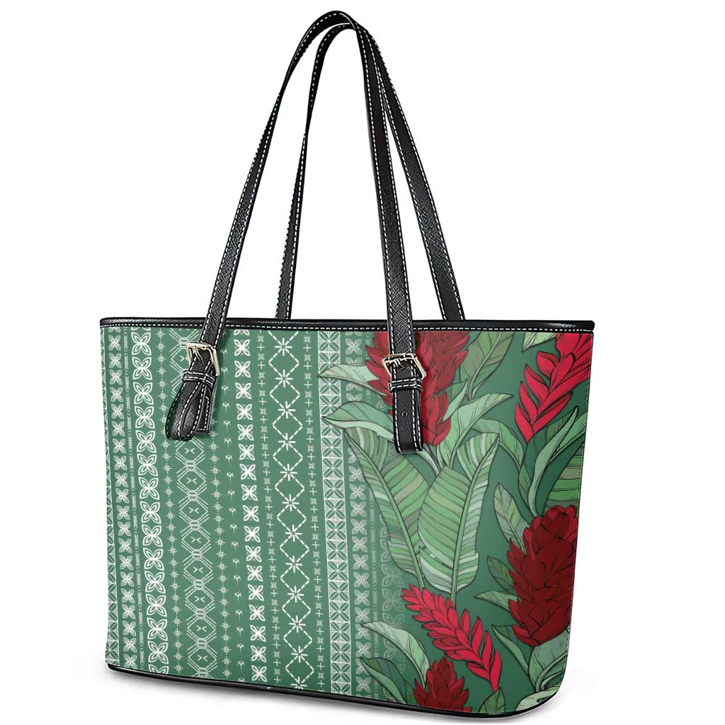 Women's Day Samoa Malu Tattoo Inspired Mix Teuila Leather Tote Bag Sage Green LT7 - Polynesian Pride
