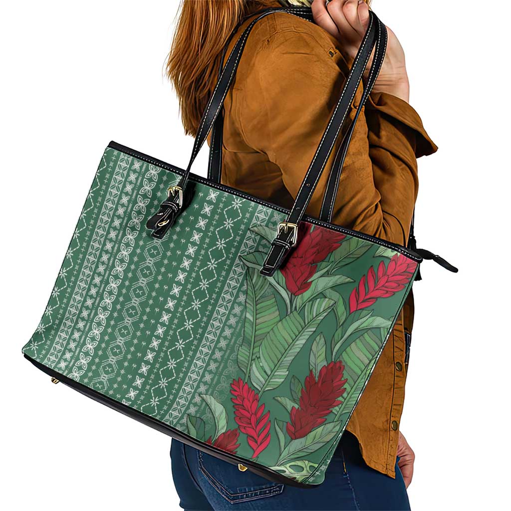 Women's Day Samoa Malu Tattoo Inspired Mix Teuila Leather Tote Bag Sage Green LT7 - Polynesian Pride