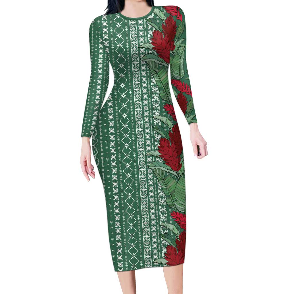 Women's Day Samoa Malu Tattoo Inspired Mix Teuila Long Sleeve Bodycon Dress Sage Green LT7 Long Dress Sage Green - Polynesian Pride