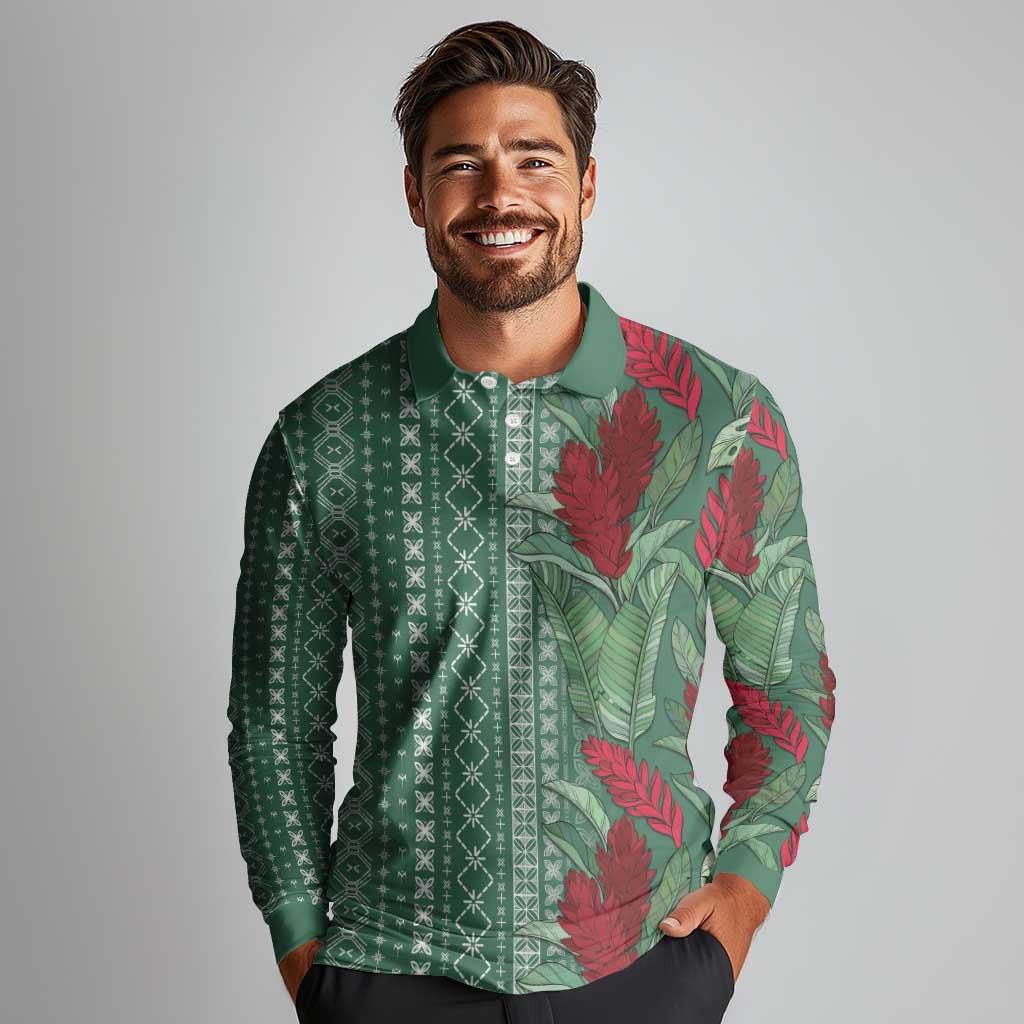 Women's Day Samoa Malu Tattoo Inspired Mix Teuila Long Sleeve Polo Shirt Sage Green LT7 - Polynesian Pride
