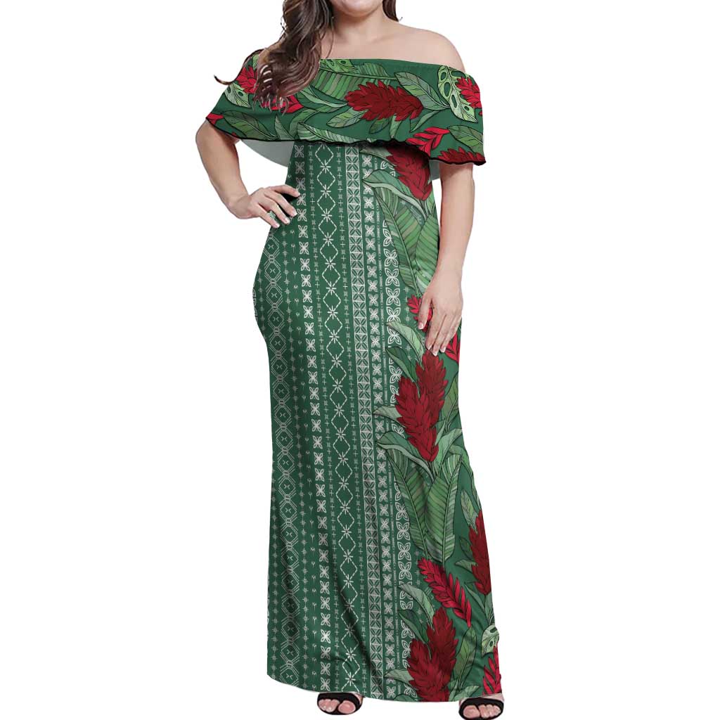 Women's Day Samoa Malu Tattoo Inspired Mix Teuila Off Shoulder Maxi Dress Sage Green LT7 Women Sage Green - Polynesian Pride