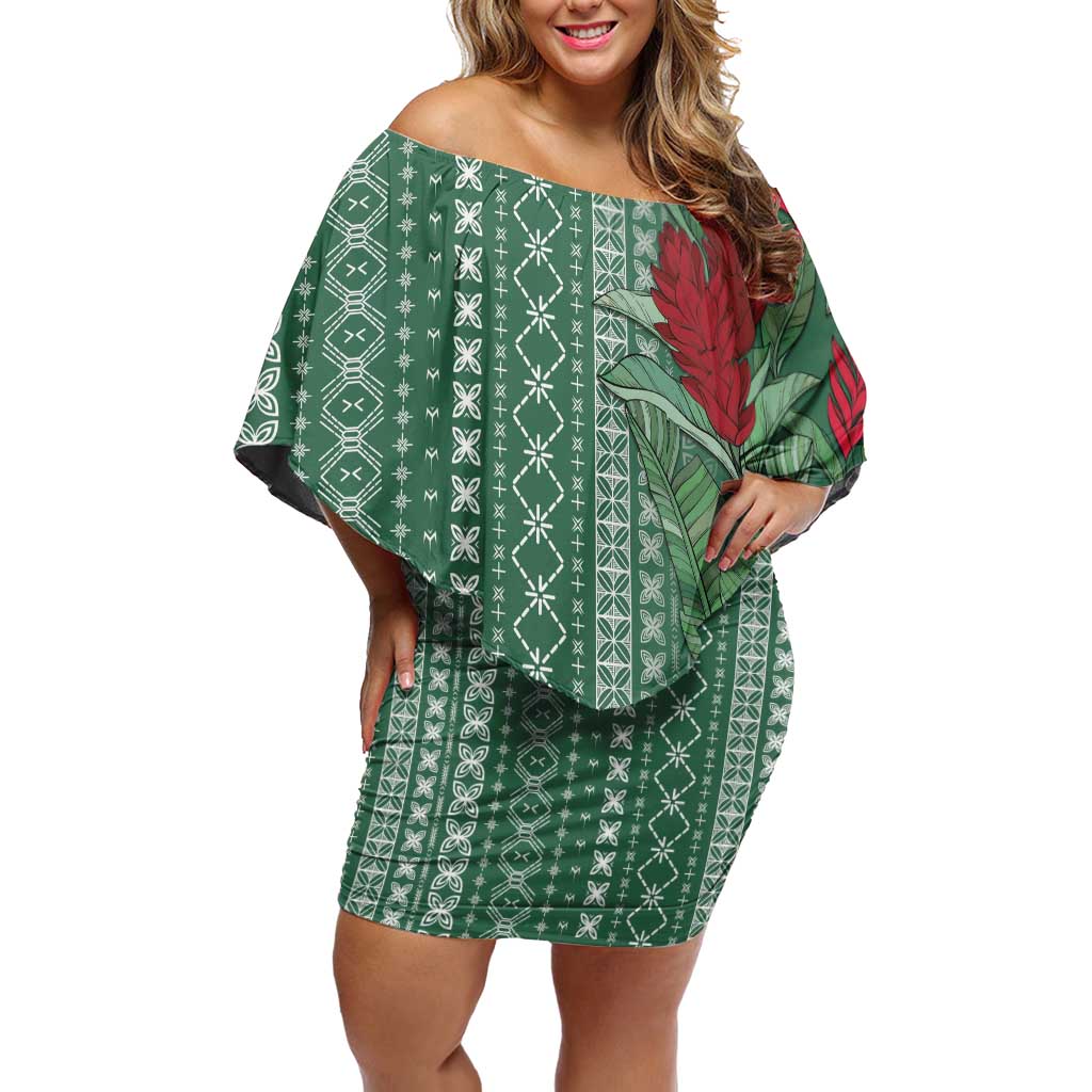 Women's Day Samoa Malu Tattoo Inspired Mix Teuila Off Shoulder Short Dress Sage Green LT7 Women Sage Green - Polynesian Pride