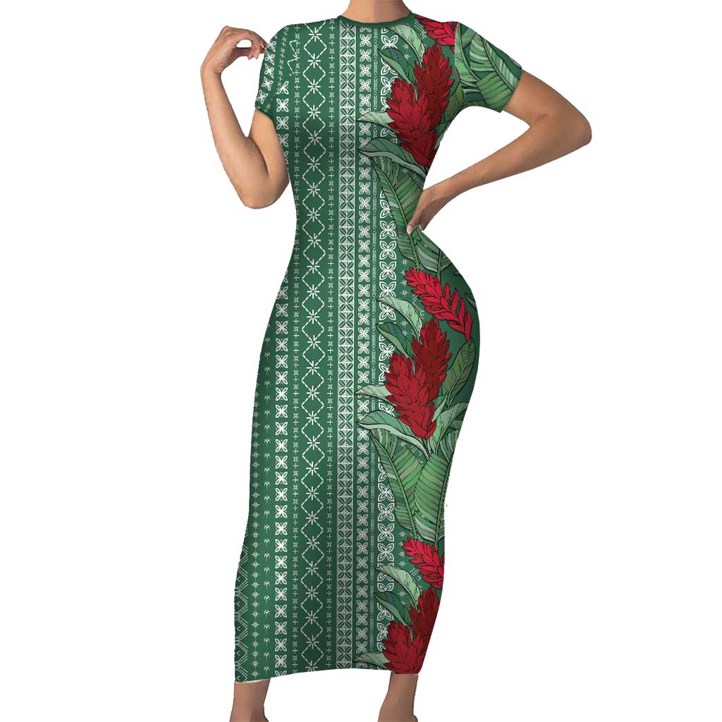 Women's Day Samoa Malu Tattoo Inspired Mix Teuila Short Sleeve Bodycon Dress Sage Green LT7 Long Dress Sage Green - Polynesian Pride