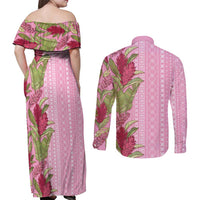 Women's Day Samoa Malu Tattoo Inspired Mix Teuila Couples Matching Off Shoulder Maxi Dress and Long Sleeve Button Shirt Rose Pink LT7 - Polynesian Pride