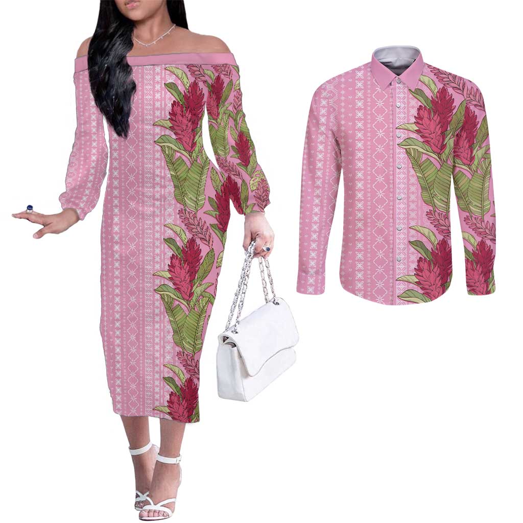 Women's Day Samoa Malu Tattoo Inspired Mix Teuila Couples Matching Off The Shoulder Long Sleeve Dress and Long Sleeve Button Shirt Rose Pink LT7 Rose Pink - Polynesian Pride