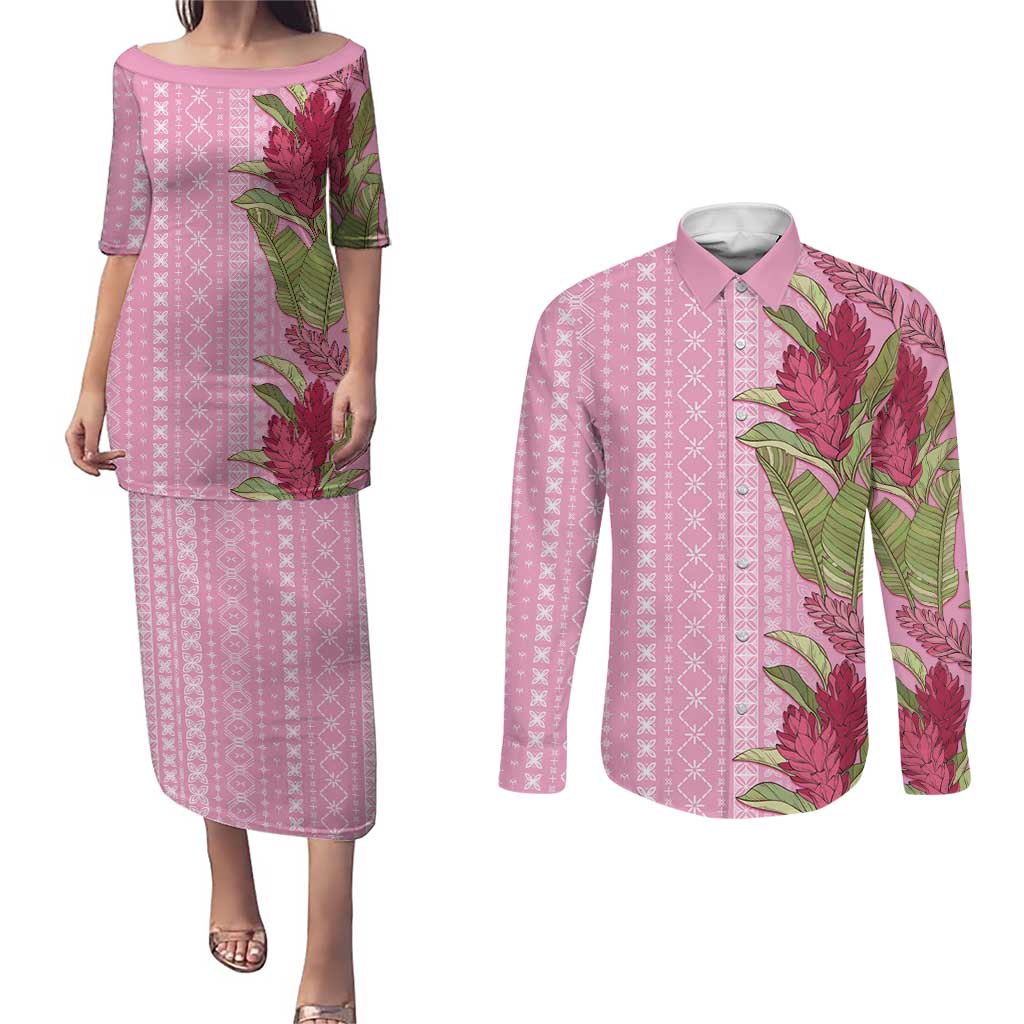 Women's Day Samoa Malu Tattoo Inspired Mix Teuila Couples Matching Puletasi and Long Sleeve Button Shirt Rose Pink LT7 Rose Pink - Polynesian Pride