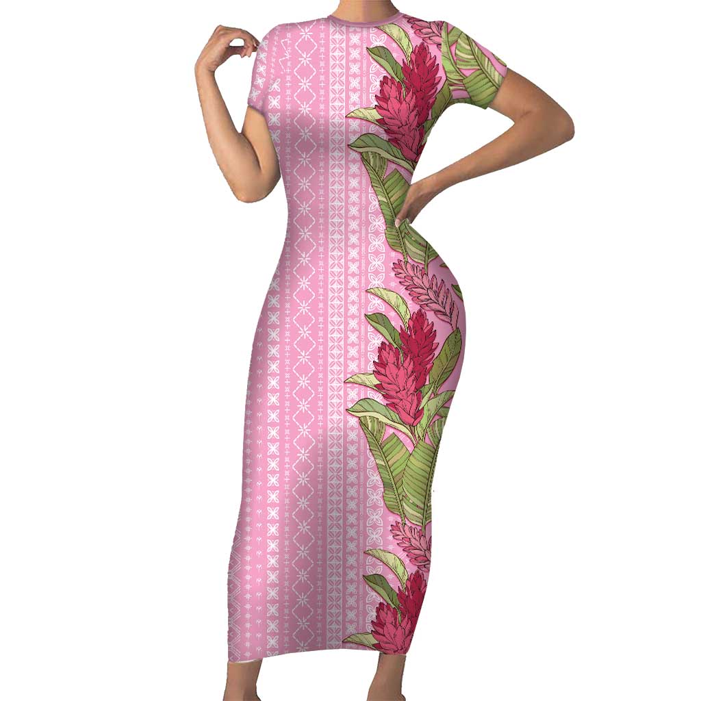 Women's Day Samoa Malu Tattoo Inspired Mix Teuila Short Sleeve Bodycon Dress Rose Pink LT7 Long Dress Rose Pink - Polynesian Pride