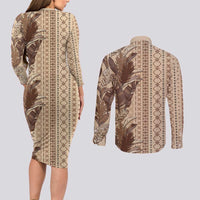 Women's Day Samoa Malu Tattoo Inspired Mix Teuila Couples Matching Long Sleeve Bodycon Dress and Long Sleeve Button Shirt Vintage Tapa