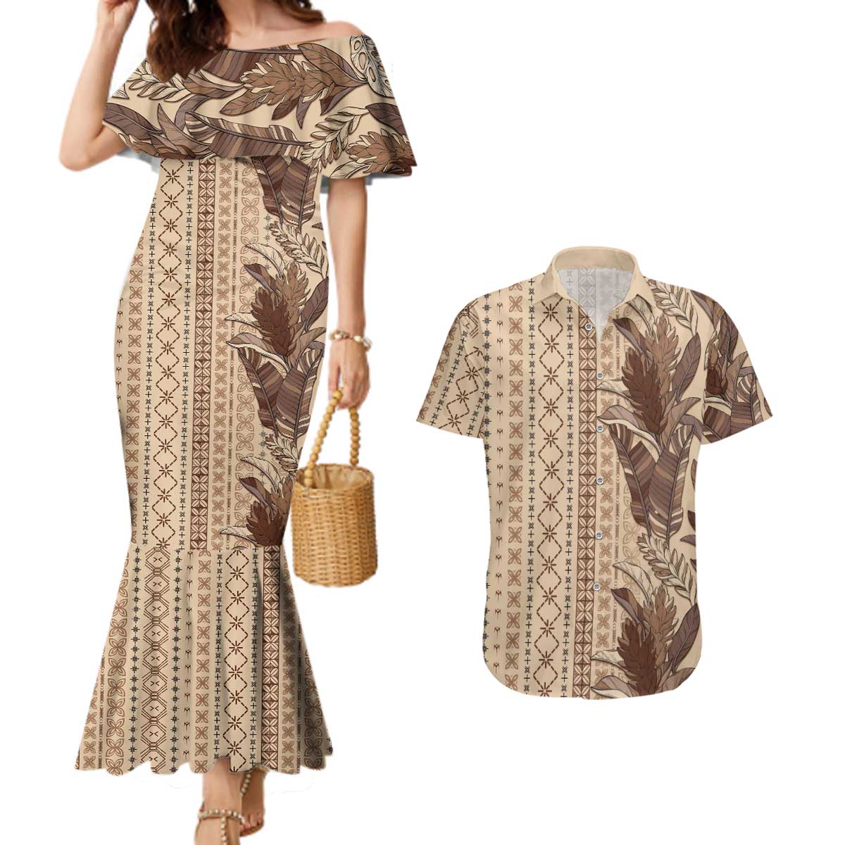 Women's Day Samoa Malu Tattoo Inspired Mix Teuila Couples Matching Mermaid Dress and Hawaiian Shirt Vintage Tapa LT7 Beige - Polynesian Pride
