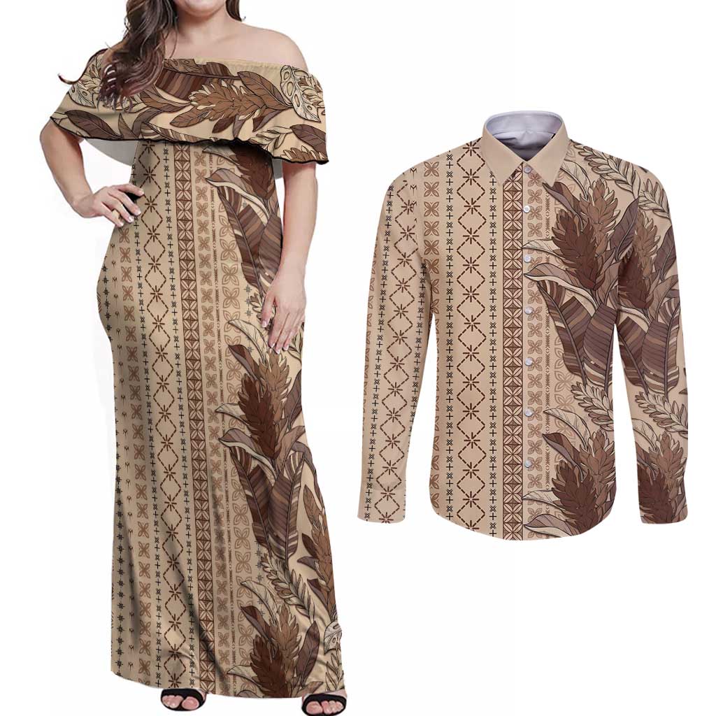 Women's Day Samoa Malu Tattoo Inspired Mix Teuila Couples Matching Off Shoulder Maxi Dress and Long Sleeve Button Shirt Vintage Tapa LT7 Beige - Polynesian Pride
