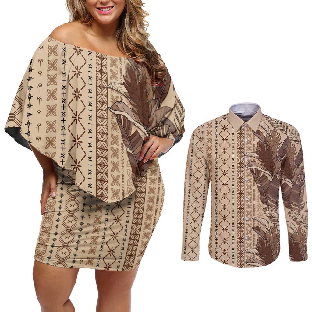 Women's Day Samoa Malu Tattoo Inspired Mix Teuila Couples Matching Off Shoulder Short Dress and Long Sleeve Button Shirt Vintage Tapa LT7 Beige - Polynesian Pride