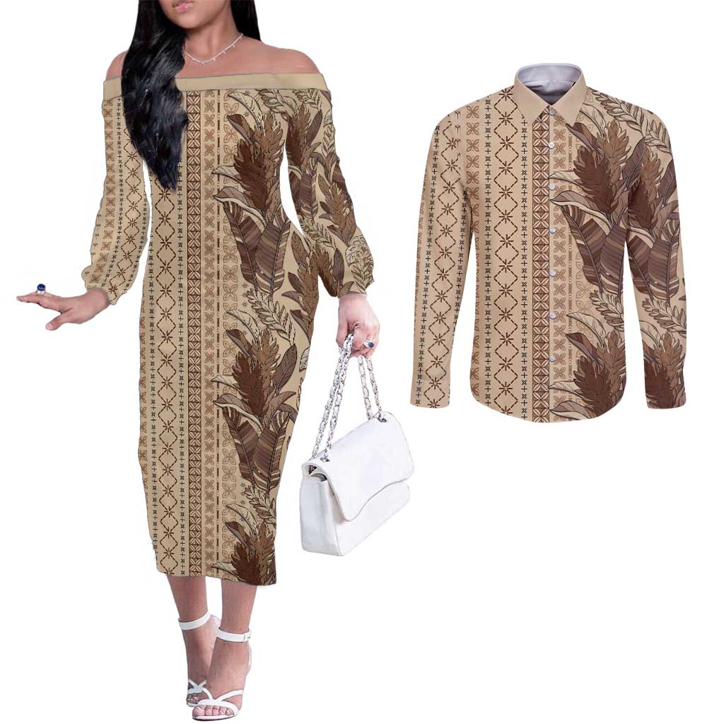 Women's Day Samoa Malu Tattoo Inspired Mix Teuila Couples Matching Off The Shoulder Long Sleeve Dress and Long Sleeve Button Shirt Vintage Tapa LT7 Beige - Polynesian Pride