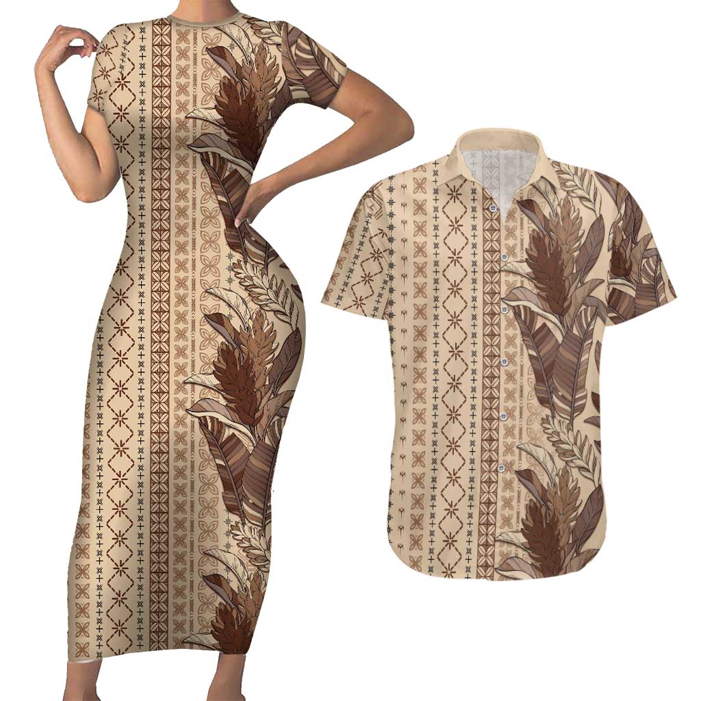 Women's Day Samoa Malu Tattoo Inspired Mix Teuila Couples Matching Short Sleeve Bodycon Dress and Hawaiian Shirt Vintage Tapa LT7 Beige - Polynesian Pride