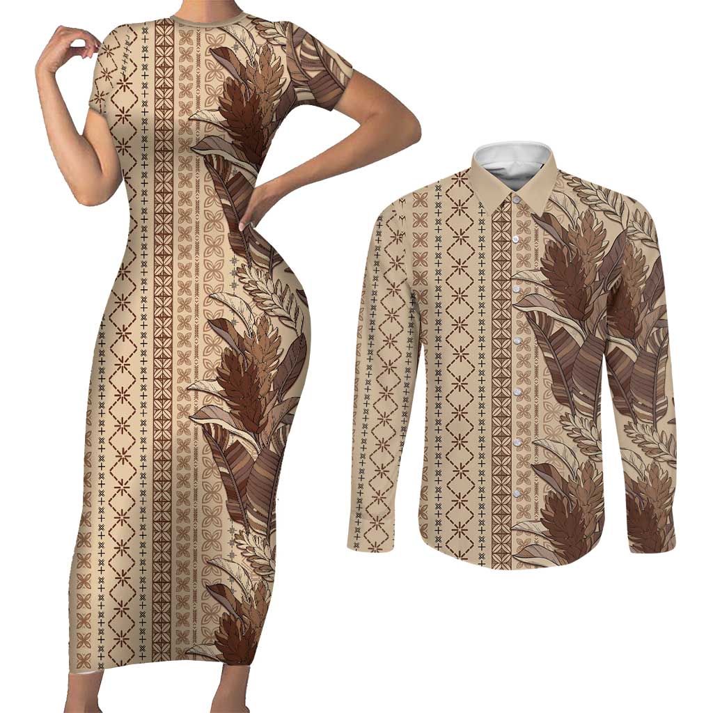 Women's Day Samoa Malu Tattoo Inspired Mix Teuila Couples Matching Short Sleeve Bodycon Dress and Long Sleeve Button Shirt Vintage Tapa LT7 Beige - Polynesian Pride