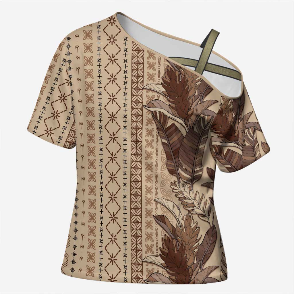 Women's Day Samoa Malu Tattoo Inspired Mix Teuila Cross Shoulder Shirt Vintage Tapa LT7 Female Beige - Polynesian Pride