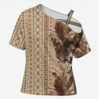 Women's Day Samoa Malu Tattoo Inspired Mix Teuila Cross Shoulder Shirt Vintage Tapa LT7 Female Beige - Polynesian Pride