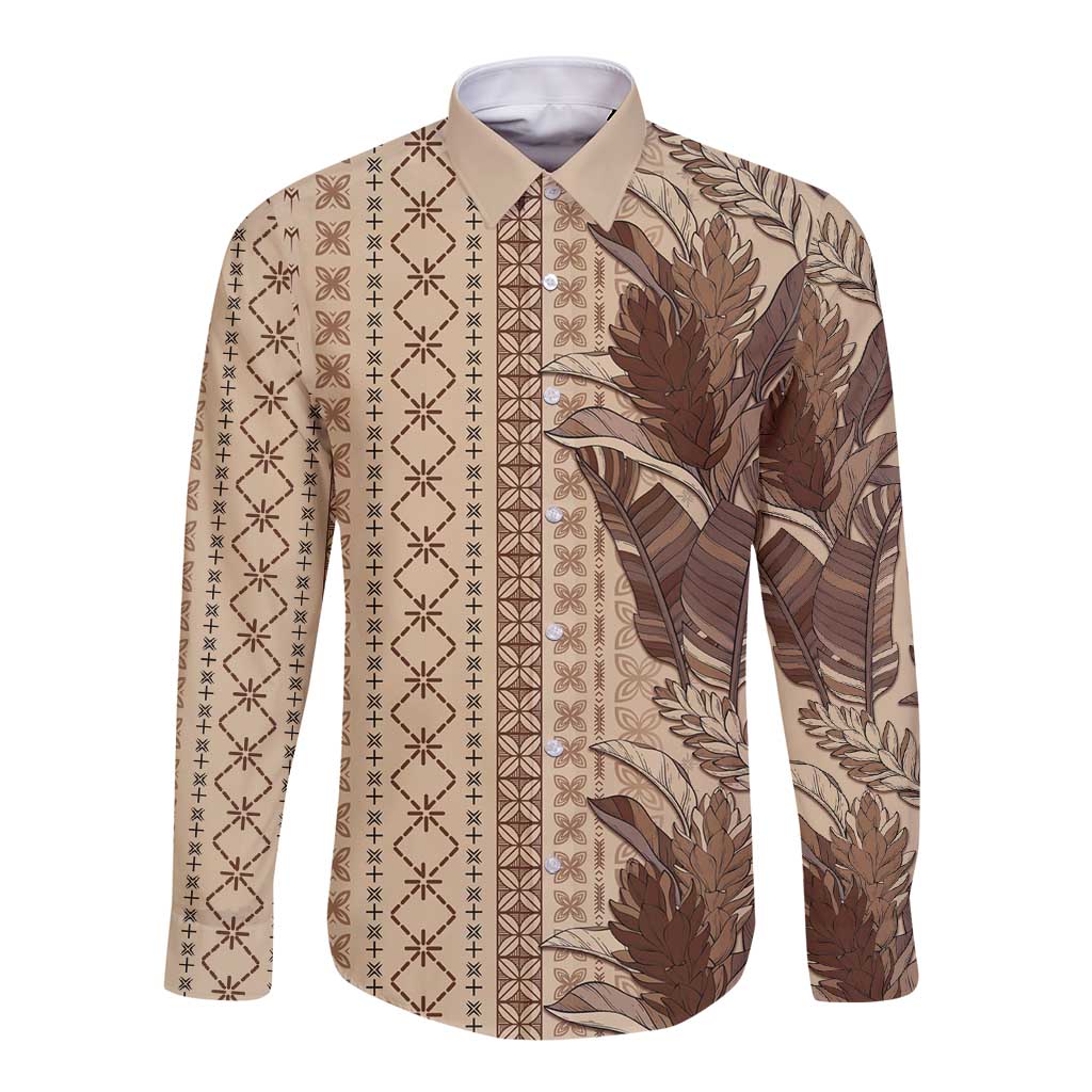 Women's Day Samoa Malu Tattoo Inspired Mix Teuila Long Sleeve Button Shirt Vintage Tapa LT7 Unisex Beige - Polynesian Pride