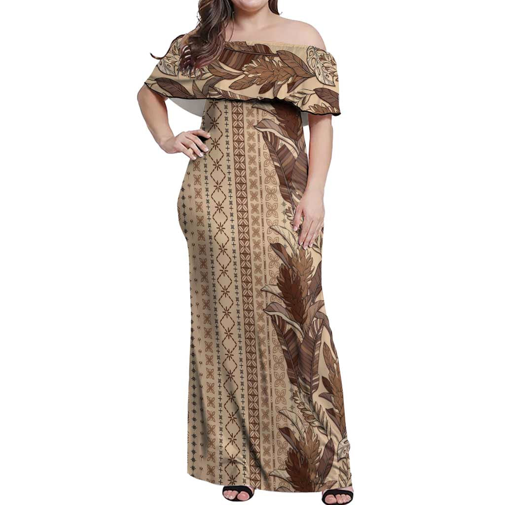 Women's Day Samoa Malu Tattoo Inspired Mix Teuila Off Shoulder Maxi Dress Vintage Tapa LT7 Women Beige - Polynesian Pride