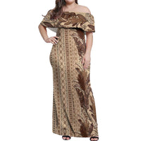 Women's Day Samoa Malu Tattoo Inspired Mix Teuila Off Shoulder Maxi Dress Vintage Tapa LT7 Women Beige - Polynesian Pride