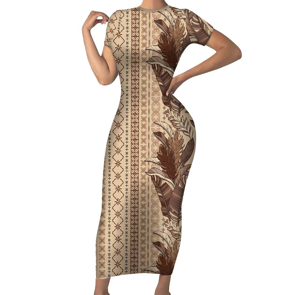 Women's Day Samoa Malu Tattoo Inspired Mix Teuila Short Sleeve Bodycon Dress Vintage Tapa LT7 Long Dress Beige - Polynesian Pride