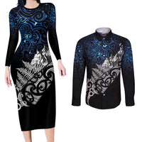 Maori Matariki Couples Matching Long Sleeve Bodycon Dress and Long Sleeve Button Shirt Landscape Styled Fern - Galaxy