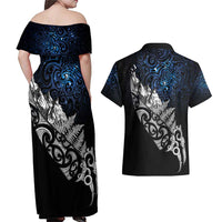 Maori Matariki Couples Matching Off Shoulder Maxi Dress and Hawaiian Shirt Landscape Styled Fern - Galaxy