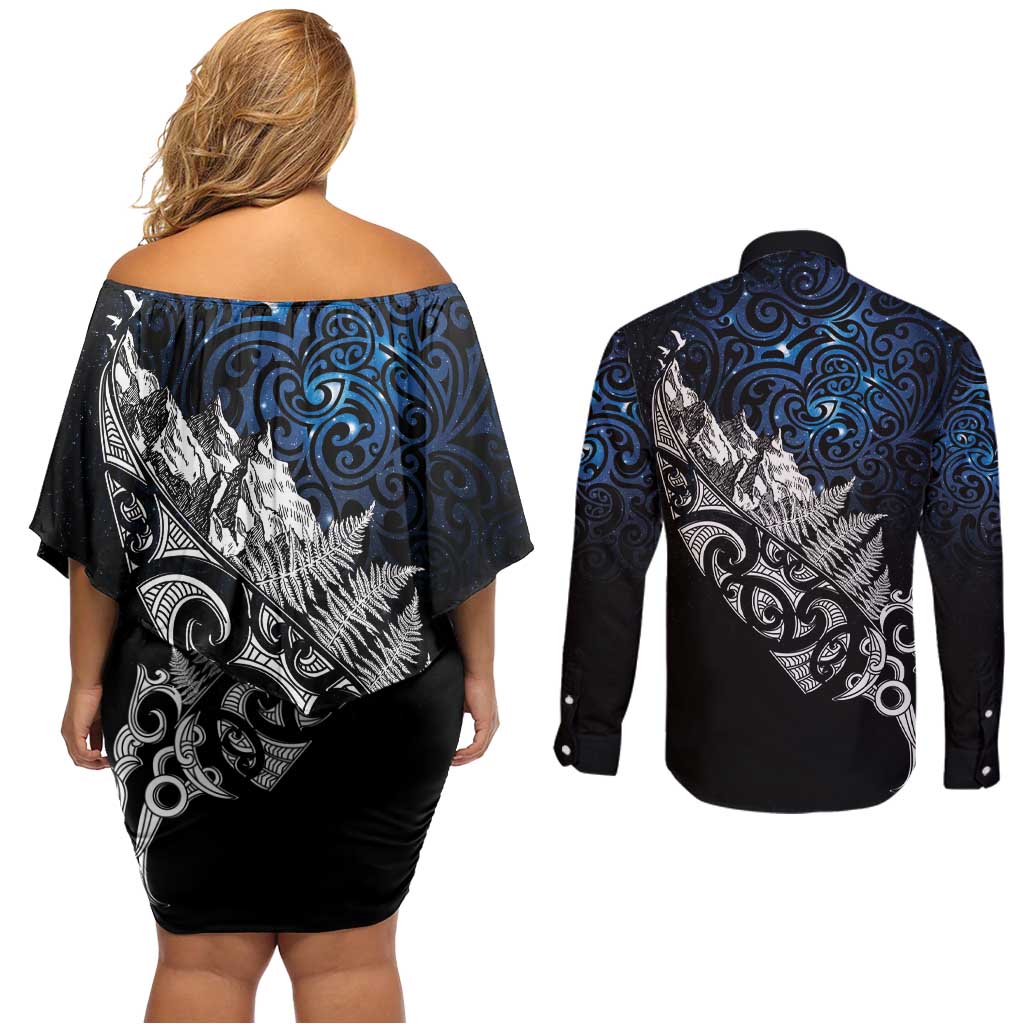 Maori Matariki Couples Matching Off Shoulder Short Dress and Long Sleeve Button Shirt Landscape Styled Fern - Galaxy