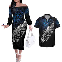 Maori Matariki Couples Matching Off The Shoulder Long Sleeve Dress and Hawaiian Shirt Landscape Styled Fern - Galaxy