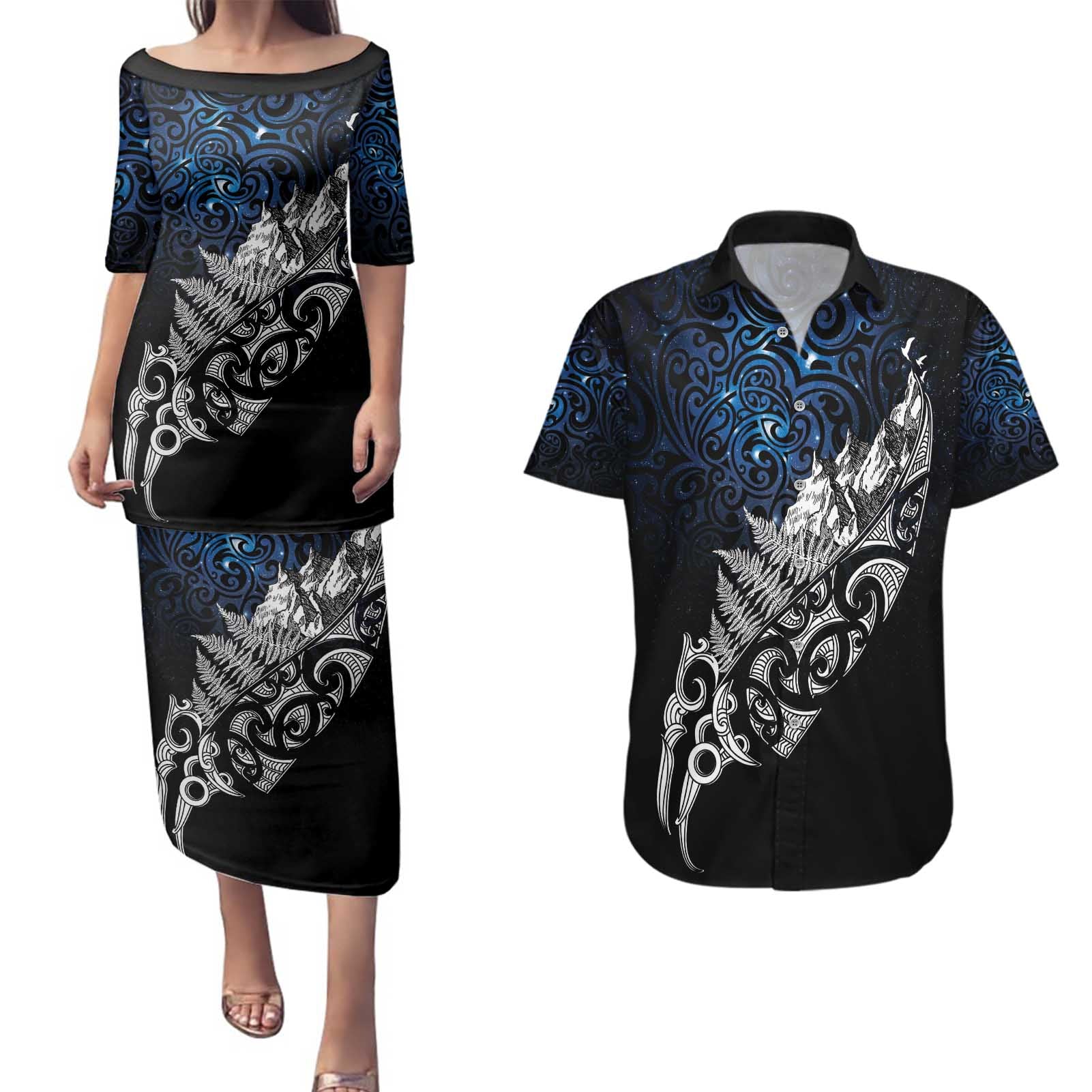 Maori Matariki Couples Matching Puletasi and Hawaiian Shirt Landscape Styled Fern - Galaxy