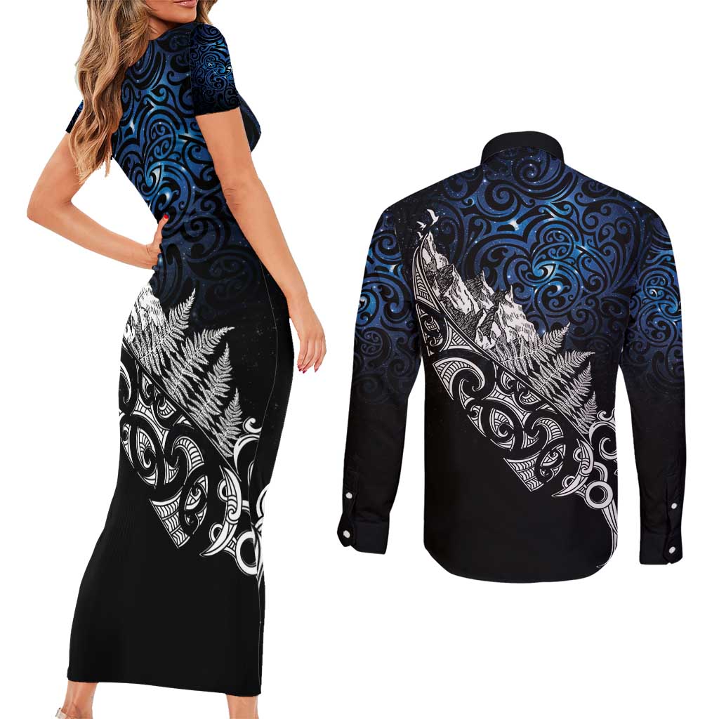 Maori Matariki Couples Matching Short Sleeve Bodycon Dress and Long Sleeve Button Shirt Landscape Styled Fern - Galaxy
