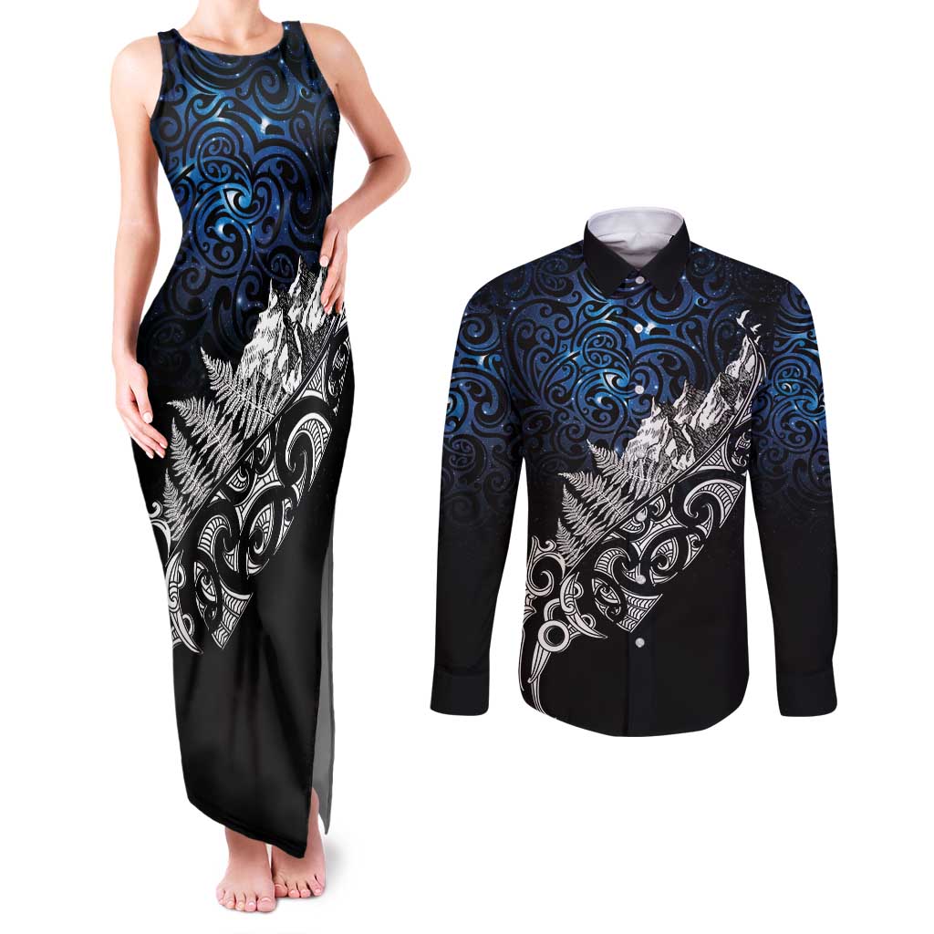 Maori Matariki Couples Matching Tank Maxi Dress and Long Sleeve Button Shirt Landscape Styled Fern - Galaxy