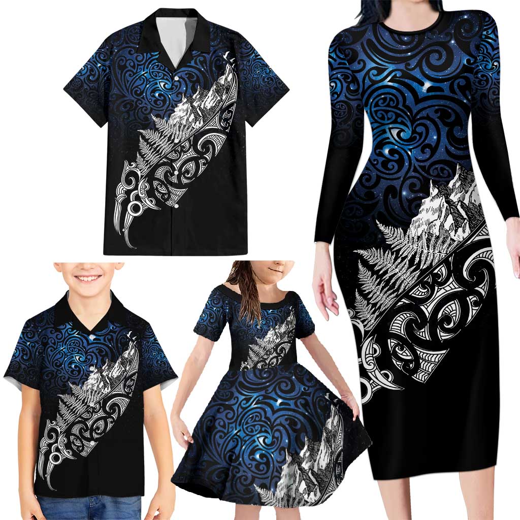 Maori Matariki Family Matching Long Sleeve Bodycon Dress and Hawaiian Shirt Landscape Styled Fern - Galaxy