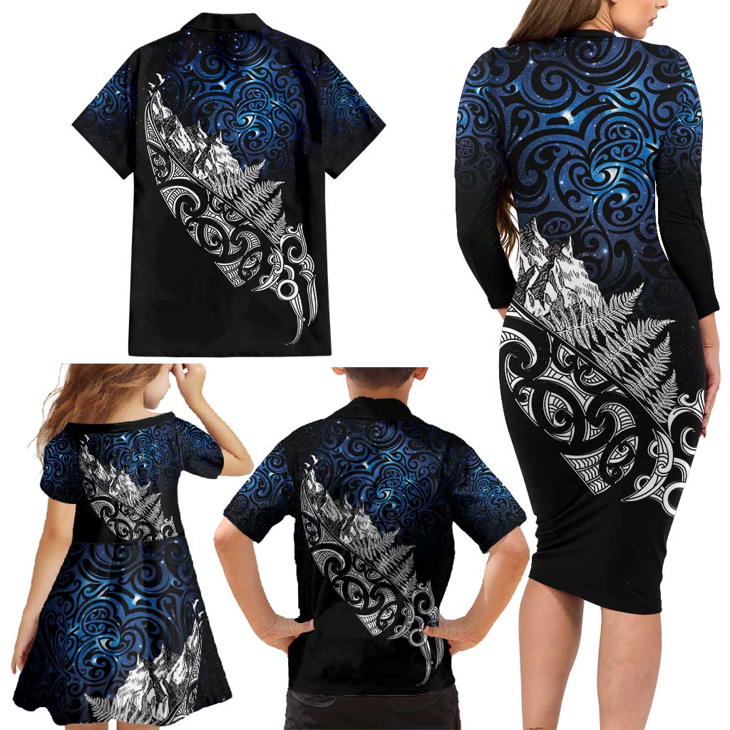 Maori Matariki Family Matching Long Sleeve Bodycon Dress and Hawaiian Shirt Landscape Styled Fern - Galaxy