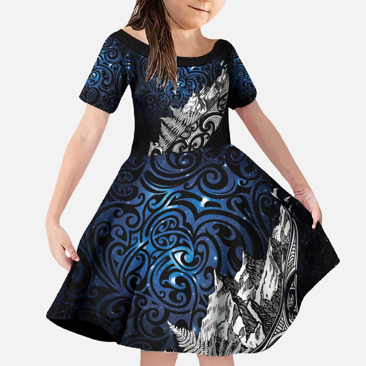 Maori Matariki Family Matching Off The Shoulder Long Sleeve Dress and Hawaiian Shirt Landscape Styled Fern - Galaxy
