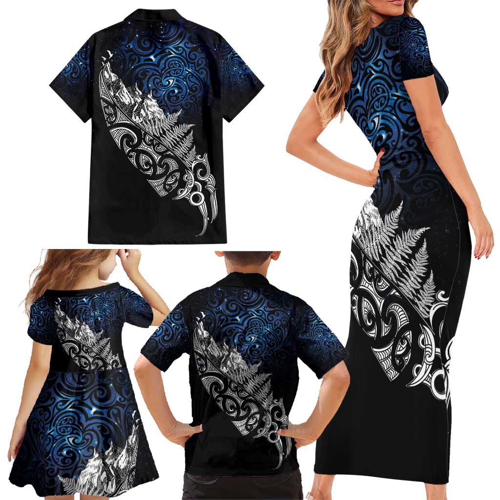 Maori Matariki Family Matching Short Sleeve Bodycon Dress and Hawaiian Shirt Landscape Styled Fern - Galaxy
