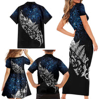 Maori Matariki Family Matching Short Sleeve Bodycon Dress and Hawaiian Shirt Landscape Styled Fern - Galaxy