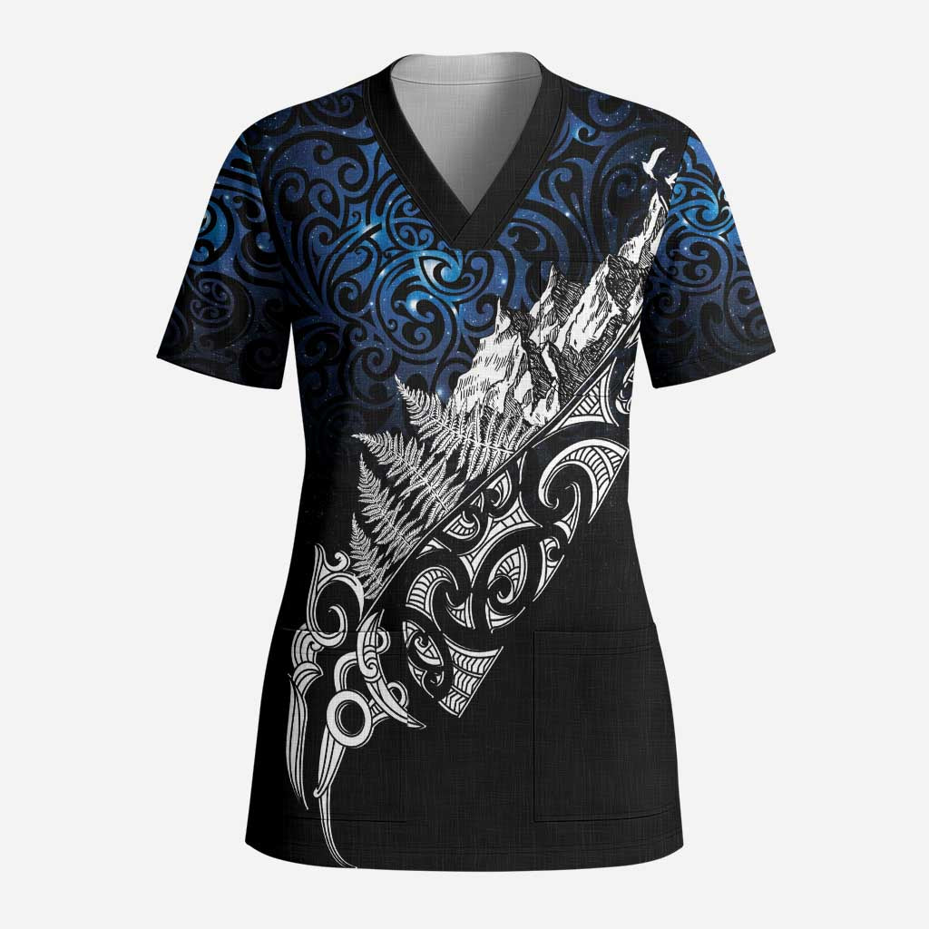 Maori Matariki Scrub Top Landscape Styled Fern - Galaxy LT7 Adult Black - Polynesian Pride