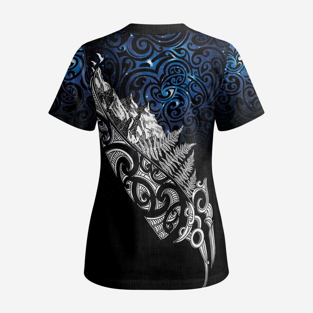 Maori Matariki Scrub Top Landscape Styled Fern - Galaxy LT7 - Polynesian Pride